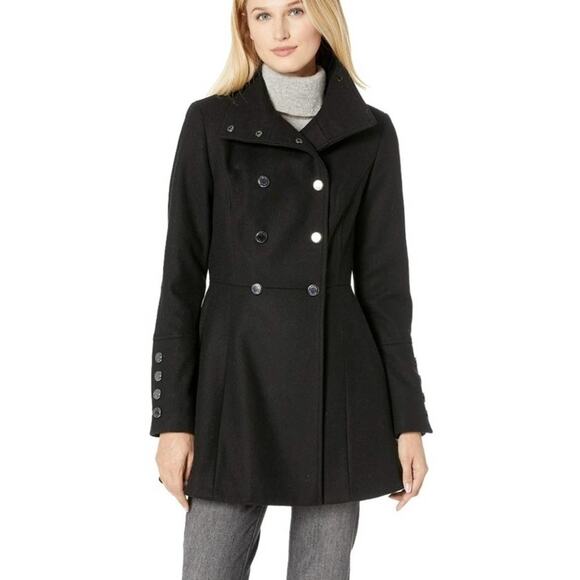 CALVIN KLEIN military Black double-breasted wool trench‎ coat dress size 8